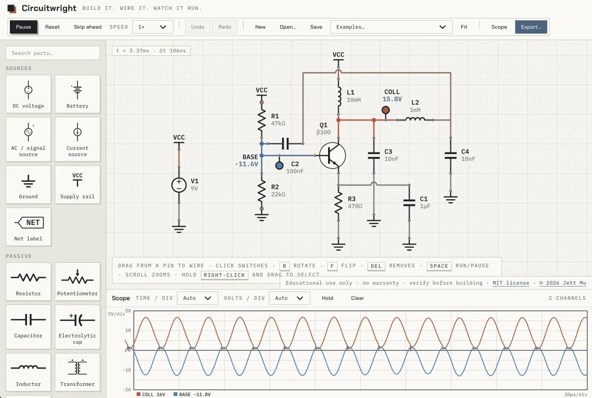 Circuitwright with a transistor amplifier schematic and its oscilloscope traces
