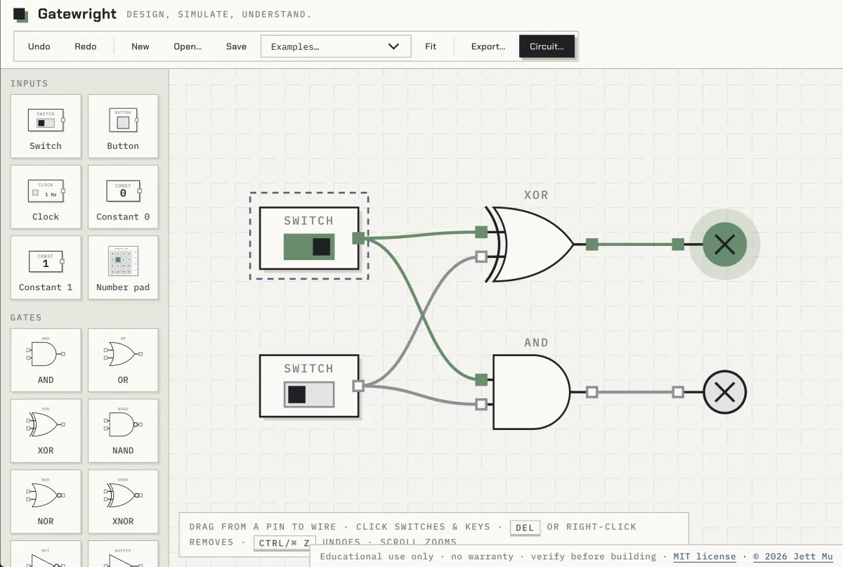 Gatewright with two switches wired into XOR and AND gates