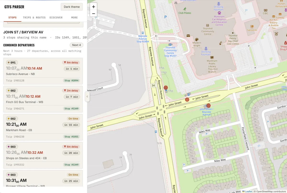 GTFS Parser showing combined departures for John St and Bayview Av beside a street map